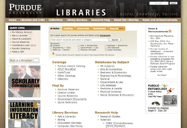 Old Purdue University Libraries website
