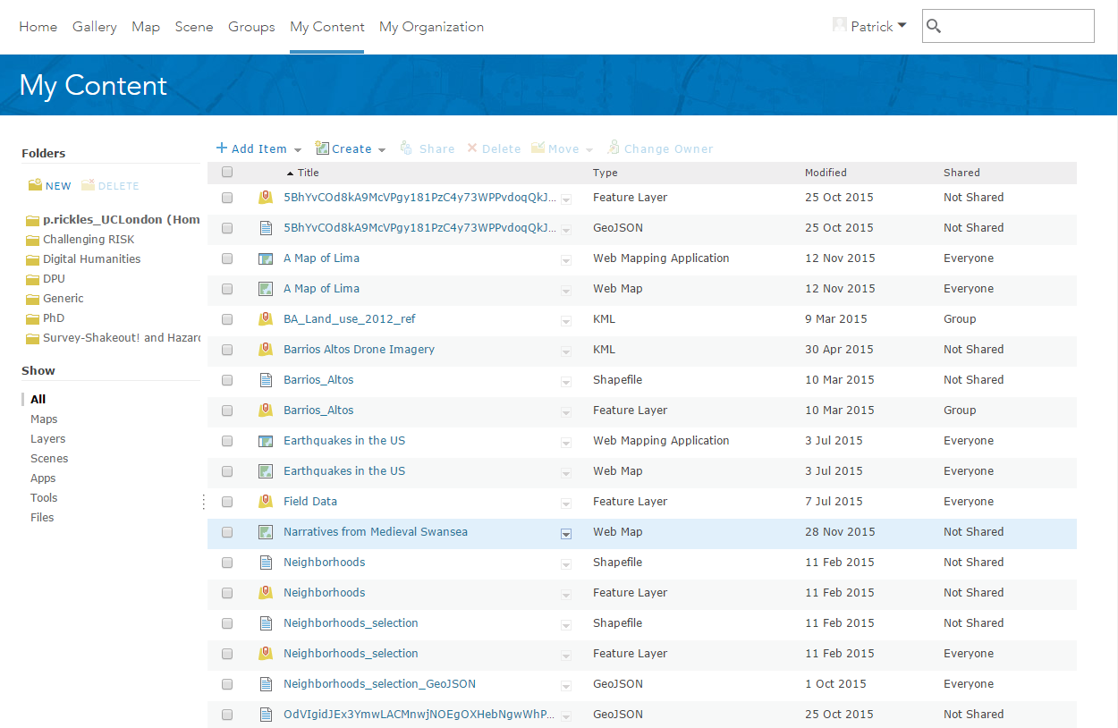 Legacy ArcGIS Online content management page