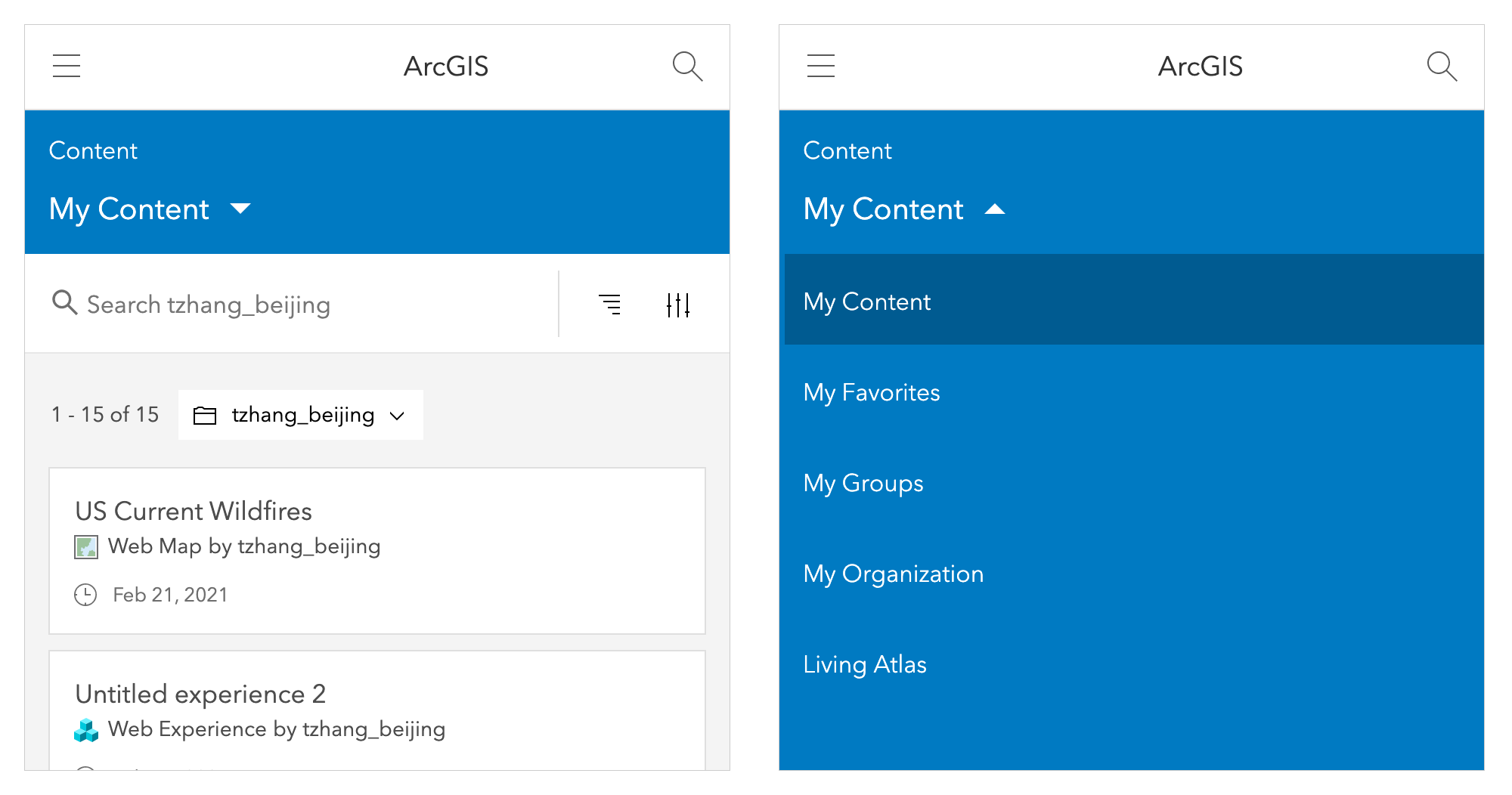 Mobile dropdown version of the content scope navigation