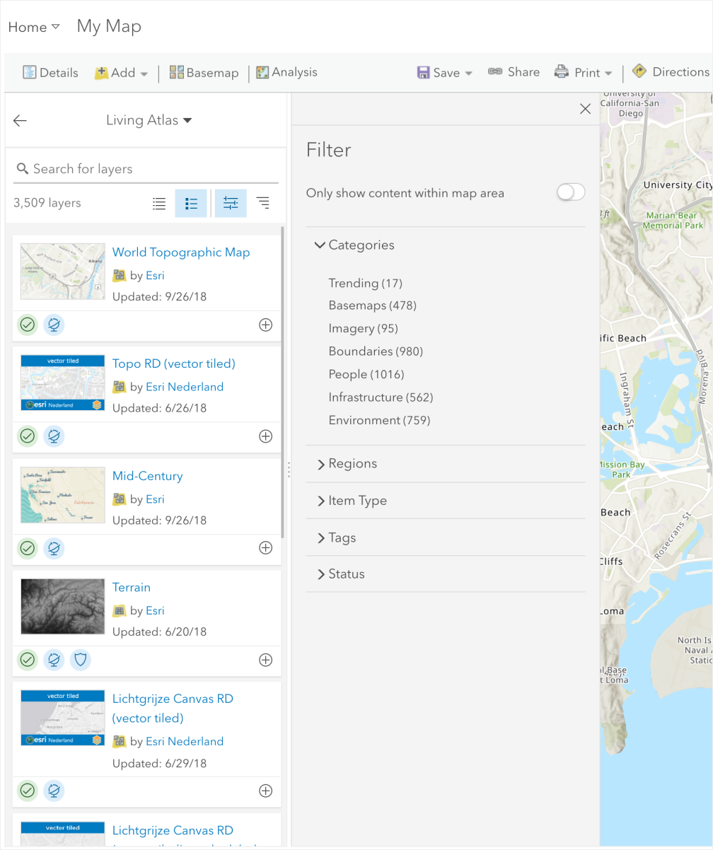 Filter panel for refining available layers in the Item Browser