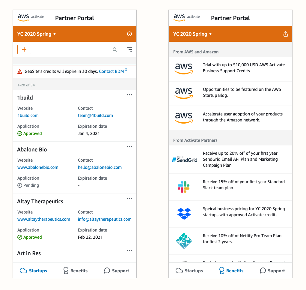 Partner portal for tracking startup applications and benefits