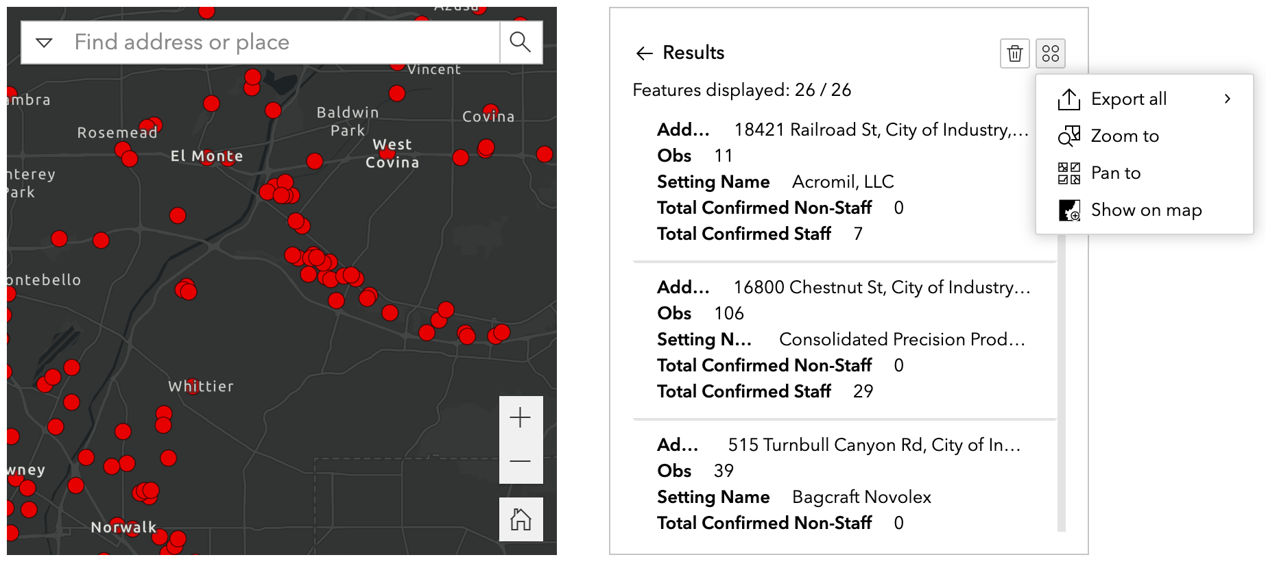 Query widget results list with follow-up actions
