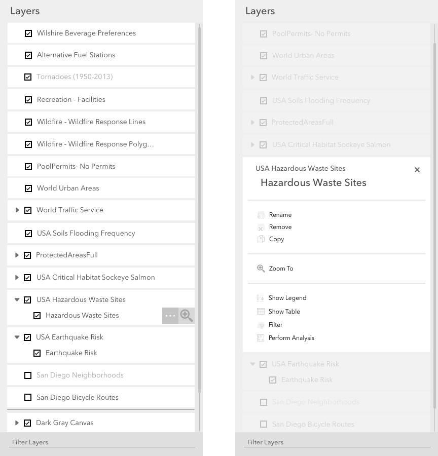 LayerList actions with a quick action and overflow menu