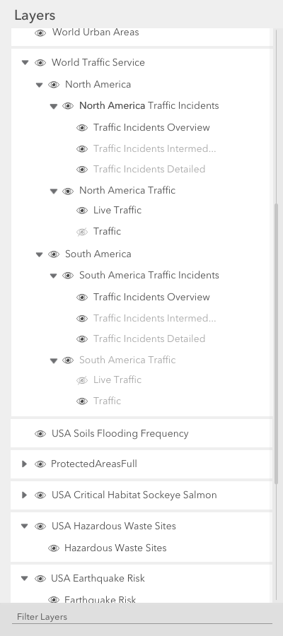 Full LayerList with hierarchical layers and visibility controls