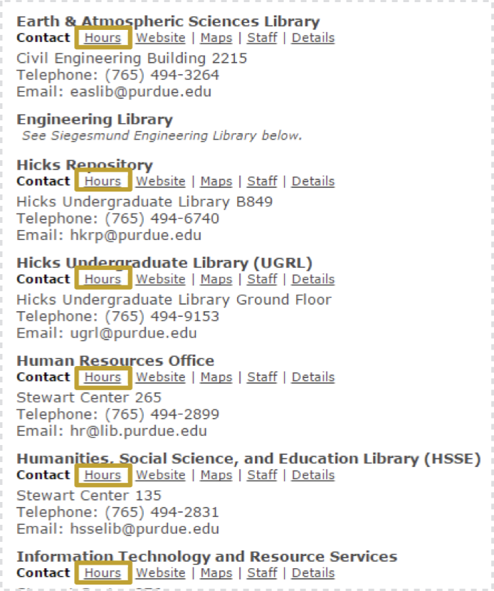 Legacy list of library hours